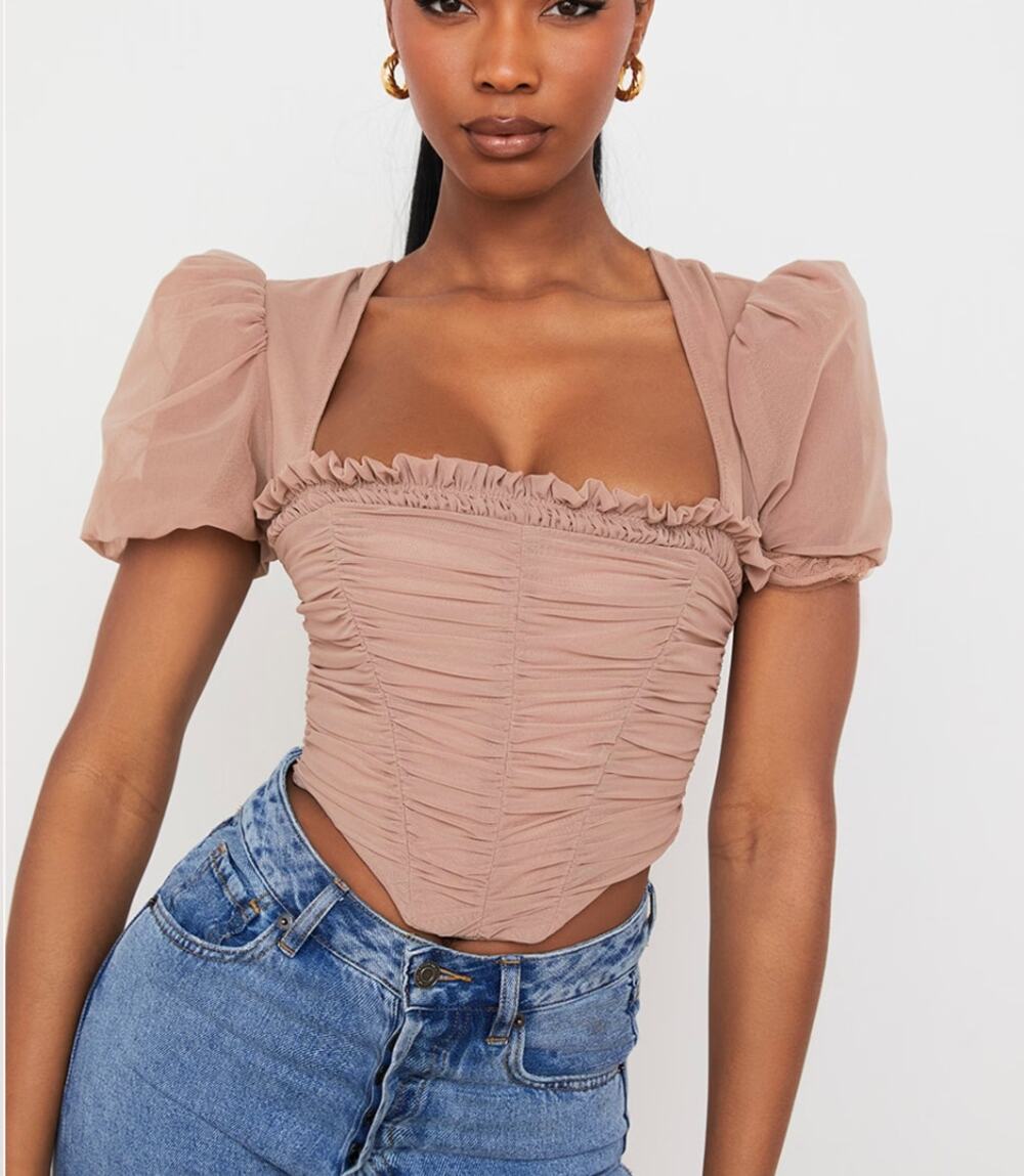 HOUSE OF CB | Norah Light Brown Ruched Puff Sleeve Mesh Corset Top | Medium